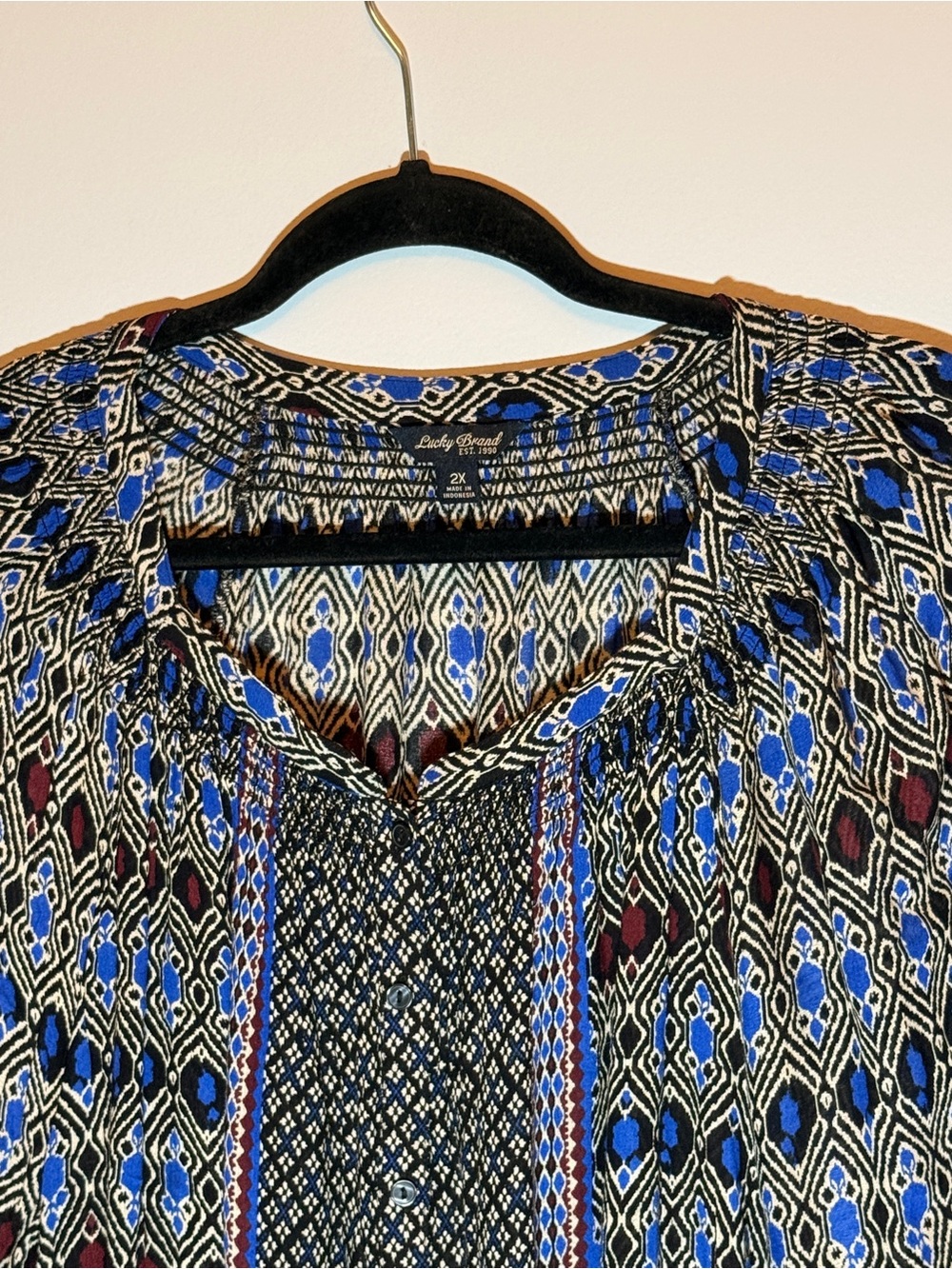 Lucky Brand Blue and Black Geometric Print Peasant Blouse - Picture 3 of 9